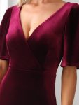 Elegant Double V Neck Velvet Party Dress with Sleeves – Burgundy