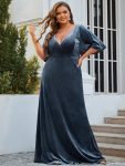 Elegant Double V Neck Velvet Party Dress with Sleeves – Dusty Navy