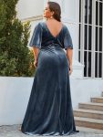 Elegant Double V Neck Velvet Party Dress with Sleeves – Dusty Navy