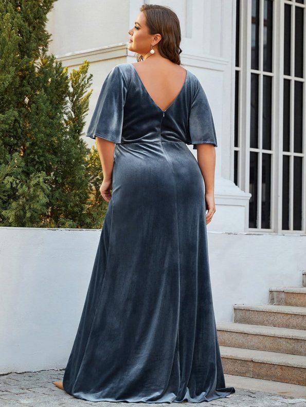 Elegant Double V Neck Velvet Party Dress with Sleeves - Dusty Navy