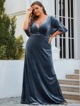 Elegant Double V Neck Velvet Party Dress with Sleeves – Dusty Navy