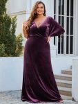 Elegant Double V Neck Velvet Party Dress with Sleeves – Dark Purple