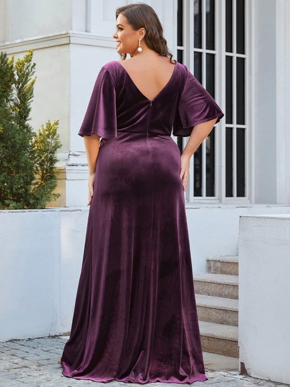 Elegant Double V Neck Velvet Party Dress with Sleeves - Dark Purple