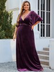 Elegant Double V Neck Velvet Party Dress with Sleeves – Dark Purple