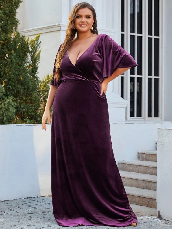 Elegant Double V Neck Velvet Party Dress with Sleeves - Dark Purple