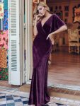 Elegant Double V Neck Velvet Party Dress with Sleeves – Dark Purple