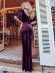 Elegant Double V Neck Velvet Party Dress with Sleeves – Dark Purple