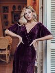 Elegant Double V Neck Velvet Party Dress with Sleeves – Dark Purple