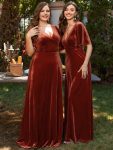 Elegant Double V Neck Velvet Party Dress with Sleeves - Brick Red