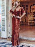 Elegant Double V Neck Velvet Party Dress with Sleeves – Brick Red