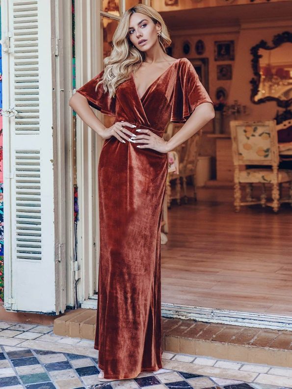 Elegant Double V Neck Velvet Party Dress with Sleeves - Brick Red