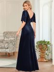 Elegant Double V Neck Velvet Party Dress with Sleeves – Navy Blue