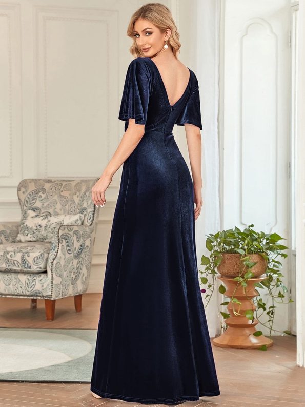 Elegant Double V Neck Velvet Party Dress with Sleeves - Navy Blue