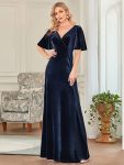 Elegant Double V Neck Velvet Party Dress with Sleeves – Navy Blue