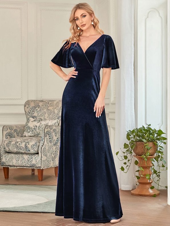 Elegant Double V Neck Velvet Party Dress with Sleeves - Navy Blue