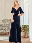 Elegant Double V Neck Velvet Party Dress with Sleeves – Navy Blue