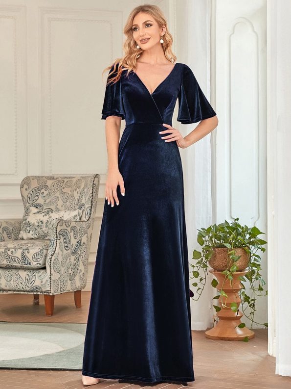 Elegant Double V Neck Velvet Party Dress with Sleeves - Navy Blue