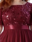 Women’s A-Line Sequin Leaf Maxi Prom Dress with Sleeves – Burgundy