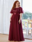 Women’s A-Line Sequin Leaf Maxi Prom Dress with Sleeves – Burgundy