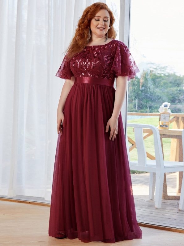 Women's A-Line Sequin Leaf Maxi Prom Dress with Sleeves - Burgundy