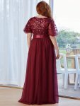 Women’s A-Line Sequin Leaf Maxi Prom Dress with Sleeves – Burgundy