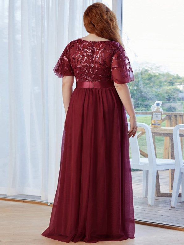 Women's A-Line Sequin Leaf Maxi Prom Dress with Sleeves - Burgundy