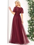 Women’s A-Line Sequin Leaf Maxi Prom Dress with Sleeves – Burgundy