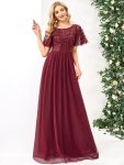 Women’s A-Line Sequin Leaf Maxi Prom Dress with Sleeves – Burgundy