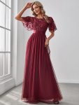 Women’s A-Line Sequin Leaf Maxi Prom Dress with Sleeves – Burgundy