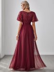 Women’s A-Line Sequin Leaf Maxi Prom Dress with Sleeves – Burgundy