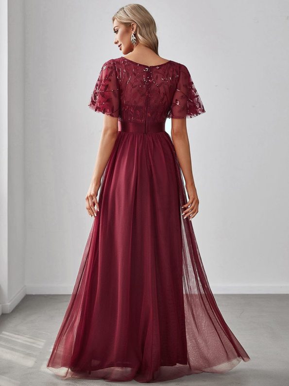 Women's A-Line Sequin Leaf Maxi Prom Dress with Sleeves - Burgundy