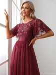 Women’s A-Line Sequin Leaf Maxi Prom Dress with Sleeves – Burgundy