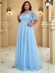 Women’s A-Line Short Sleeve Embroidery Floor Length Evening Dresses – Sky Blue