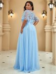 Women’s A-Line Short Sleeve Embroidery Floor Length Evening Dresses – Sky Blue