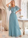 Women’s A-Line Sequin Leaf Maxi Prom Dress with Sleeves – Dusty Blue