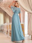 Women’s A-Line Sequin Leaf Maxi Prom Dress with Sleeves – Dusty Blue