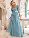 Women’s A-Line Sequin Leaf Maxi Prom Dress with Sleeves – Dusty Blue