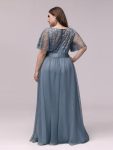 Women’s A-Line Sequin Leaf Maxi Prom Dress with Sleeves – Dusty Navy