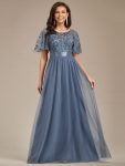 Women’s A-Line Sequin Leaf Maxi Prom Dress with Sleeves – Dusty Navy