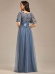 Women’s A-Line Sequin Leaf Maxi Prom Dress with Sleeves – Dusty Navy