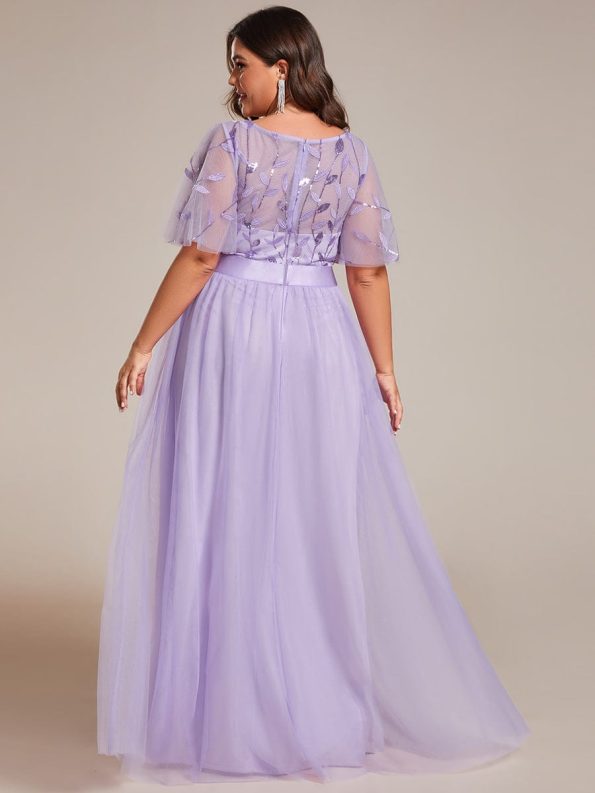 Women's A-Line Sequin Leaf Maxi Prom Dress with Sleeves - Lavender