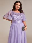 Women’s A-Line Sequin Leaf Maxi Prom Dress with Sleeves – Lavender