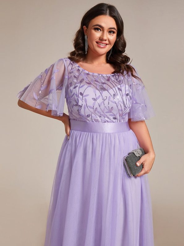 Women's A-Line Sequin Leaf Maxi Prom Dress with Sleeves - Lavender