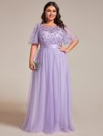 Women’s A-Line Short Sleeve Embroidery Floor Length Evening Dresses – Lavender