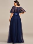 Women’s A-Line Sequin Leaf Maxi Prom Dress with Sleeves – Navy Blue