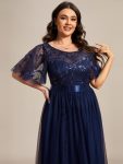 Women’s A-Line Sequin Leaf Maxi Prom Dress with Sleeves – Navy Blue