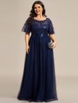 Women’s A-Line Sequin Leaf Maxi Prom Dress with Sleeves – Navy Blue