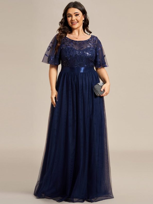 Women's A-Line Sequin Leaf Maxi Prom Dress with Sleeves - Navy Blue