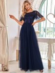 Women’s A-Line Sequin Leaf Maxi Prom Dress with Sleeves – Navy Blue