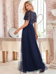 Women’s A-Line Sequin Leaf Maxi Prom Dress with Sleeves – Navy Blue